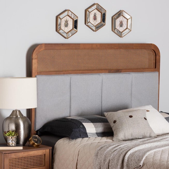 Esti Mid-Century Modern Light Grey Fabric And Ash Walnut Finished Wood King Size Headboard With Rattan, , alternate image number 3