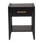 Front view of black mid-century nightstand with fluted drawer and gold pull