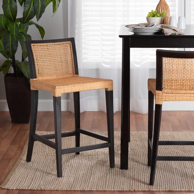 Lingga Modern Bohemian Dark Brown Mahogany Wood And Natural Rattan Counter Stool, , alternate image number null