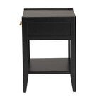 Back view of black mid-century nightstand with open shelf