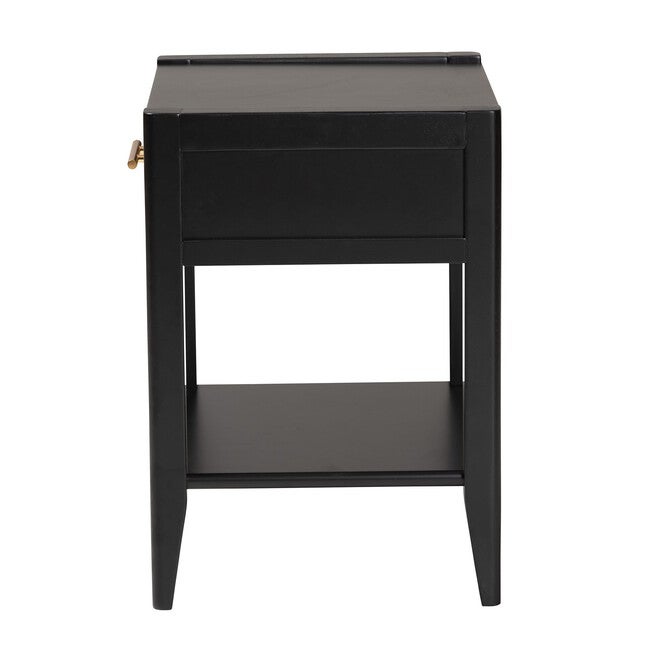 Back view of black mid-century nightstand with open shelf
