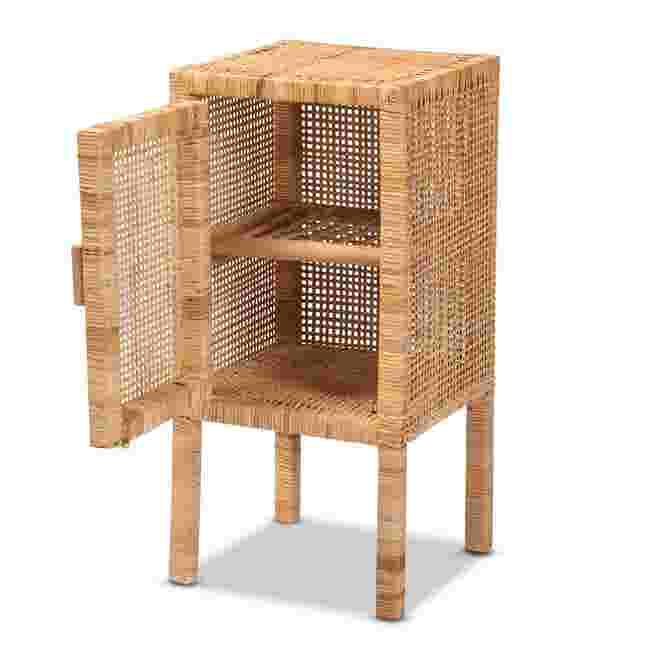 Close-up of rattan nightstand with door open showing interior