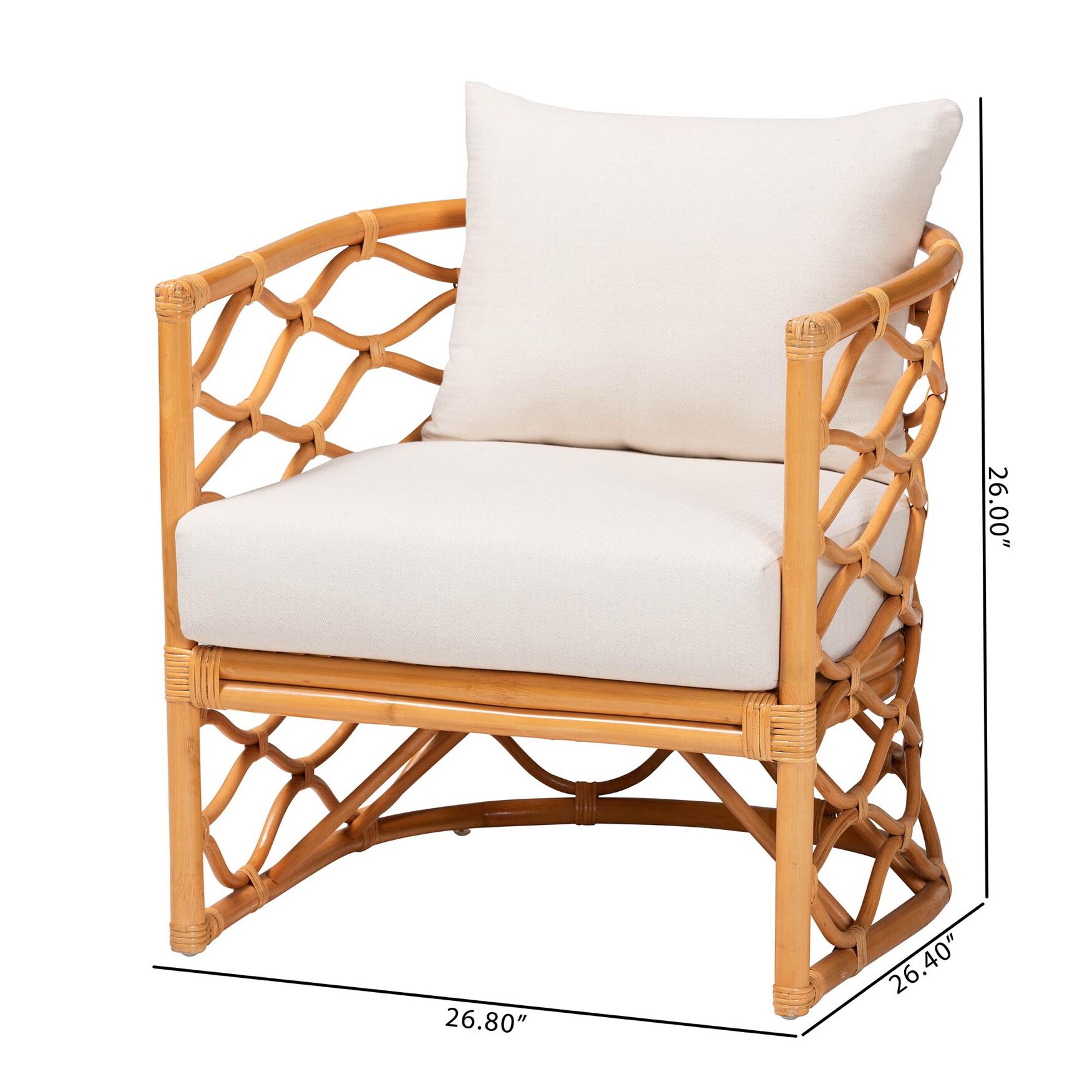 Light honey rattan arm chair with white cushion and dimensions