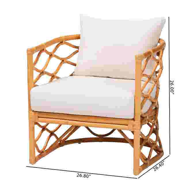 Light honey rattan arm chair with white cushion and dimensions