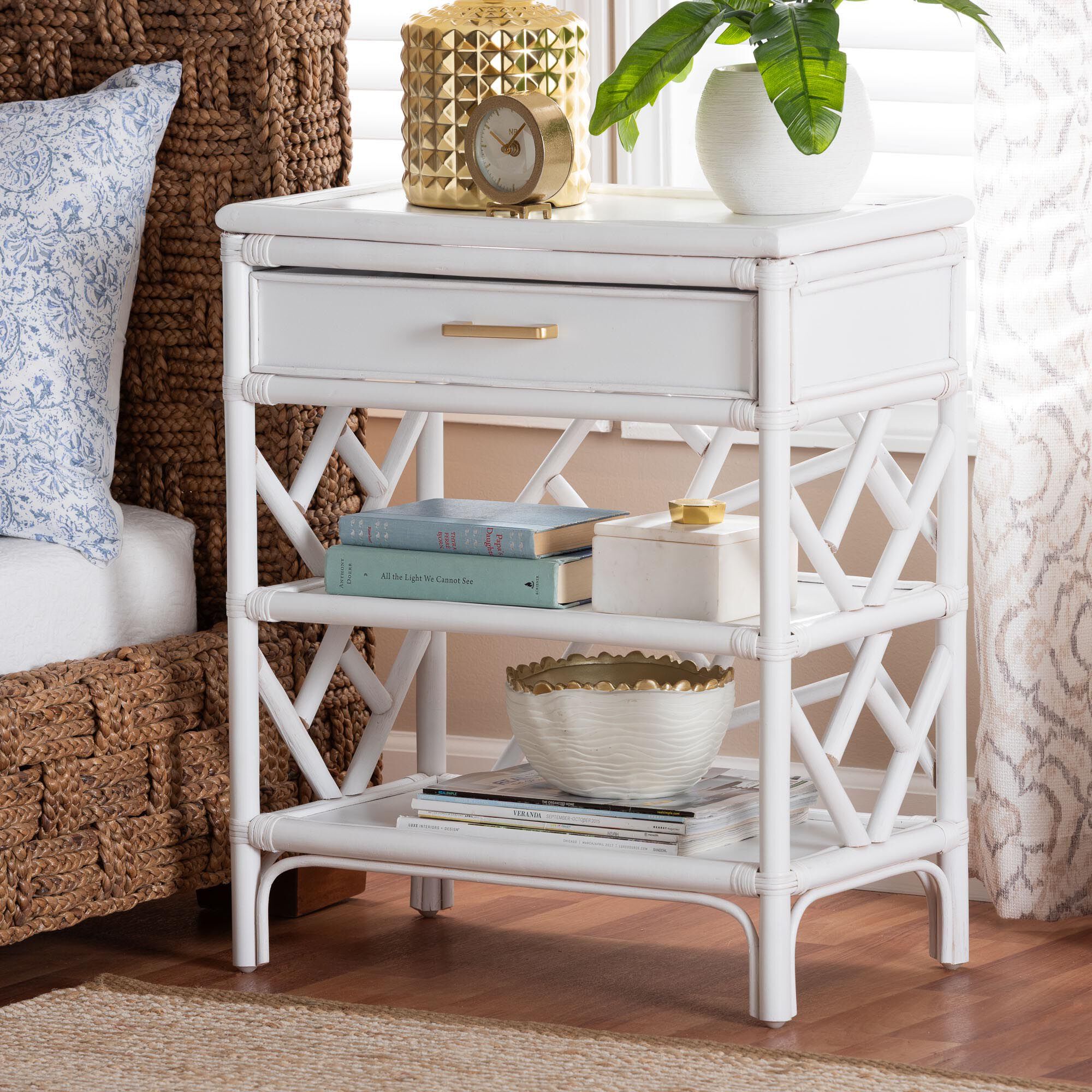 Daina Natural Rattan Nightstand, White, WHITE, hi-res image number 0