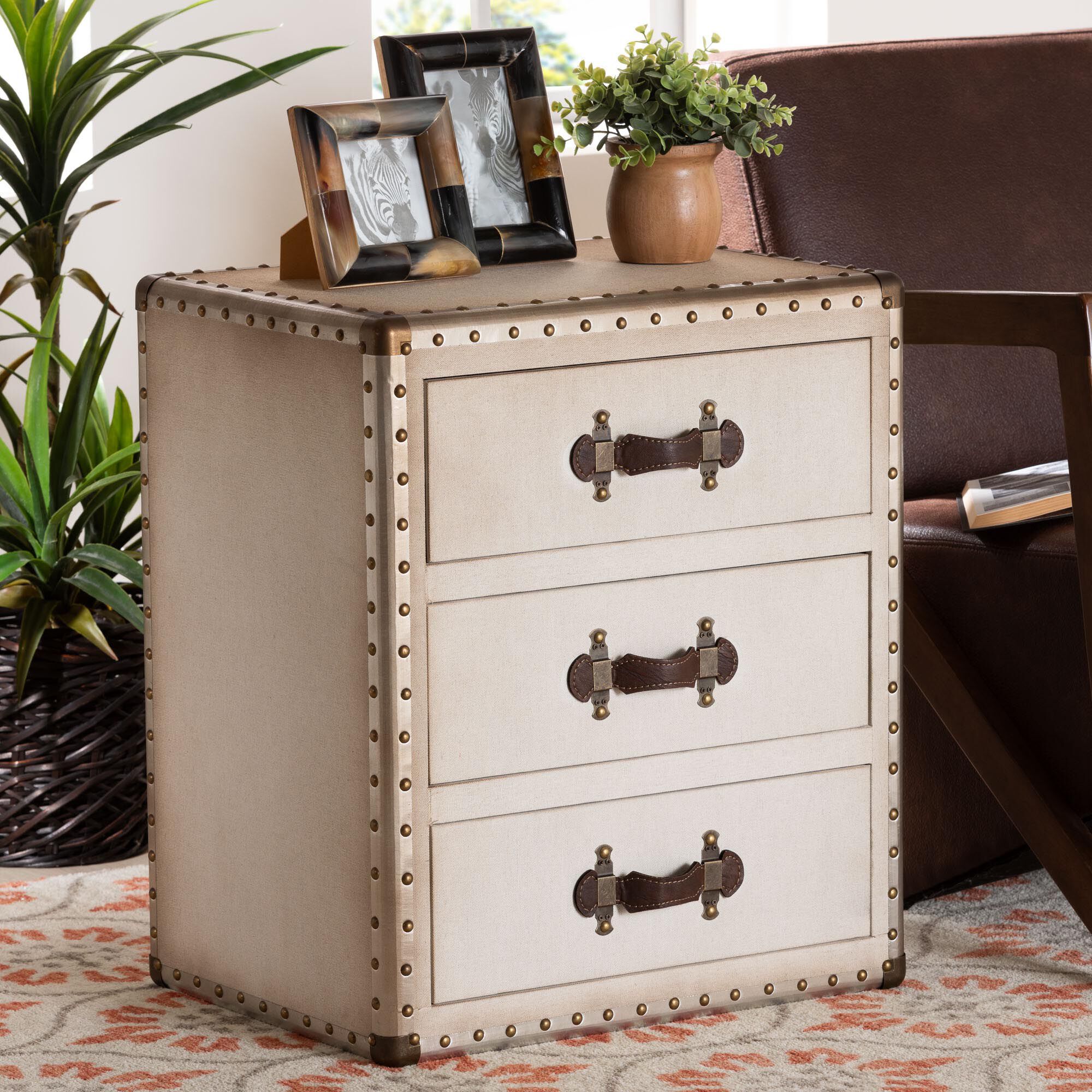 Mallison Vintage Black Canvas 3-Drawer End Table, BEIGE, hi-res image number 0
