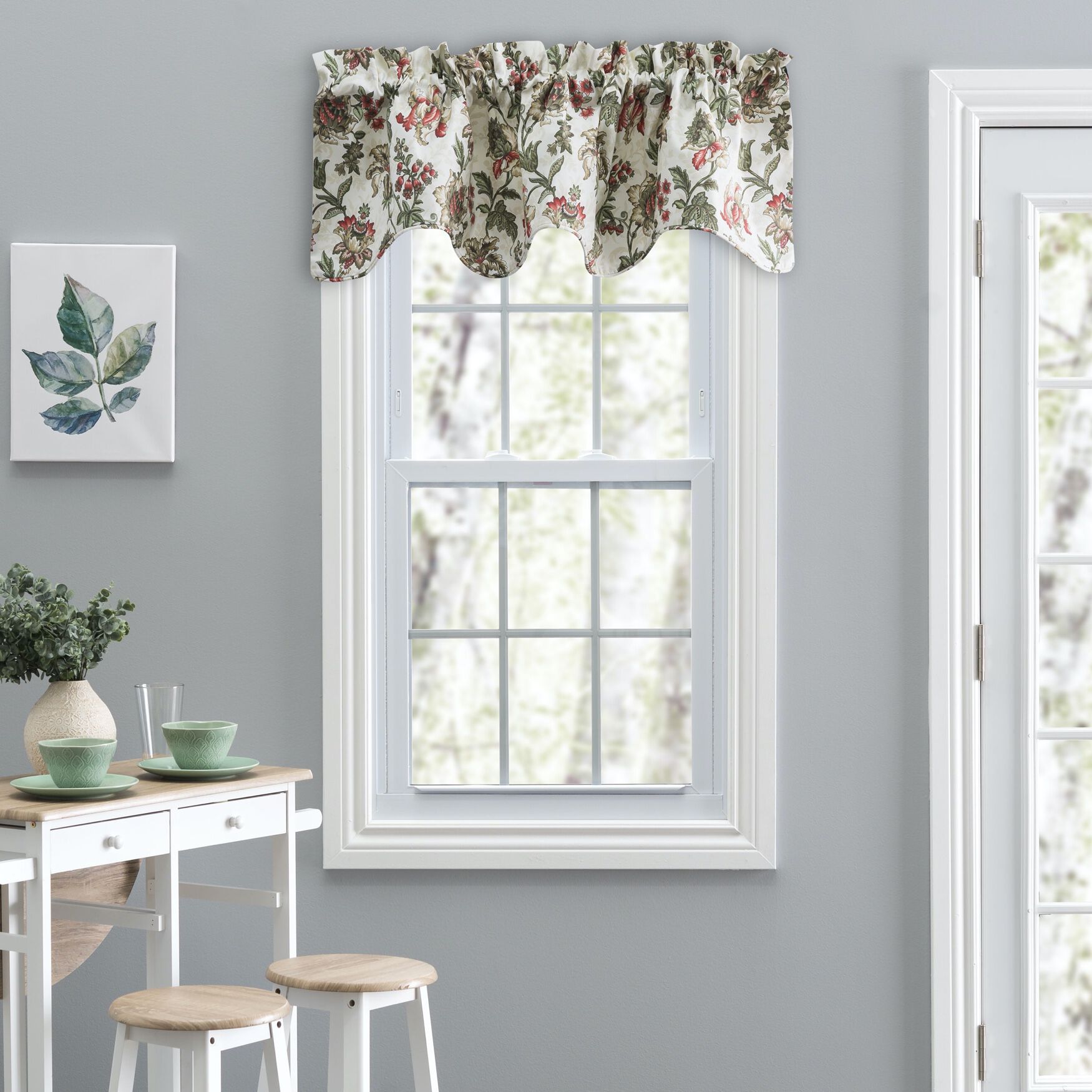 Madison Floral- Multi Colored Jacobean Floral- Lined Scallop Valance, BRICK, hi-res image number 0