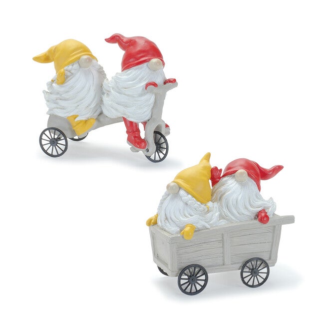 Whimsical Garden Gnome Figurine Riding A Scooter And Wheelbarrow (Set Of 2), YELLOW, hi-res image number null