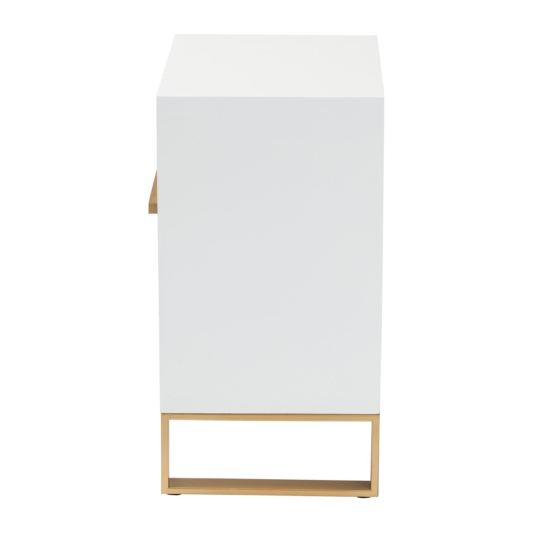 Side view of a white nightstand with gold metal accents