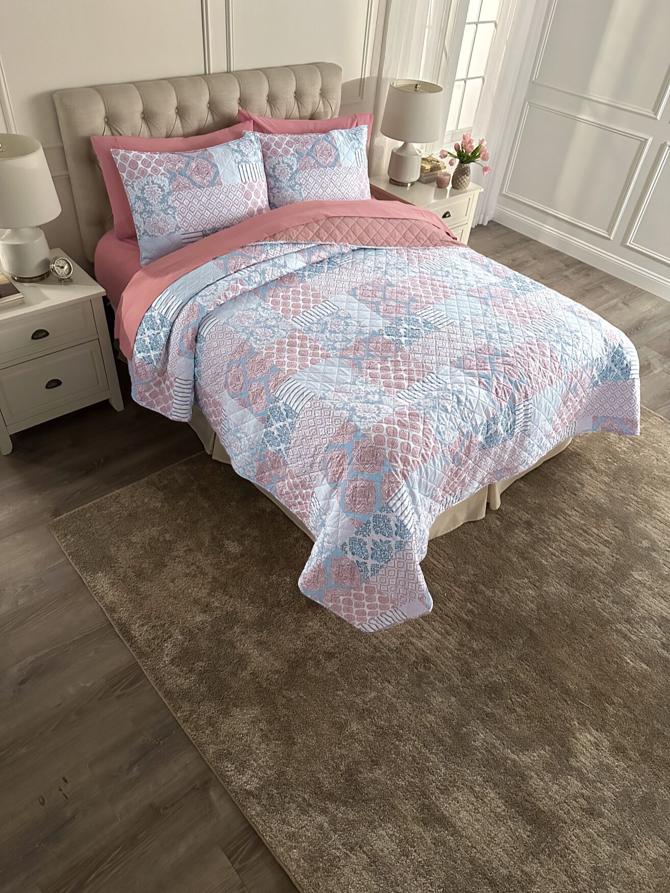 Geo Patchwork Quilt Set, DARK BLUSH, on-hover image number 1