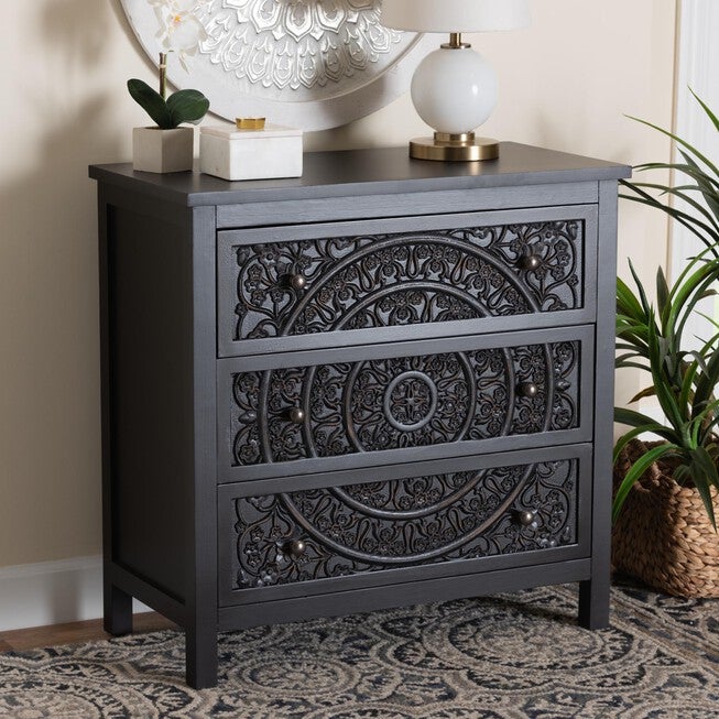 Yelena Classic And Traditional Black Finished Wood 3-Drawer Storage Cabinet, , alternate image number null