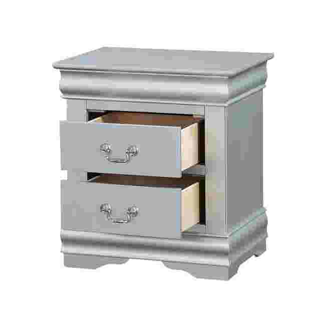 Gray nightstand with drawers open