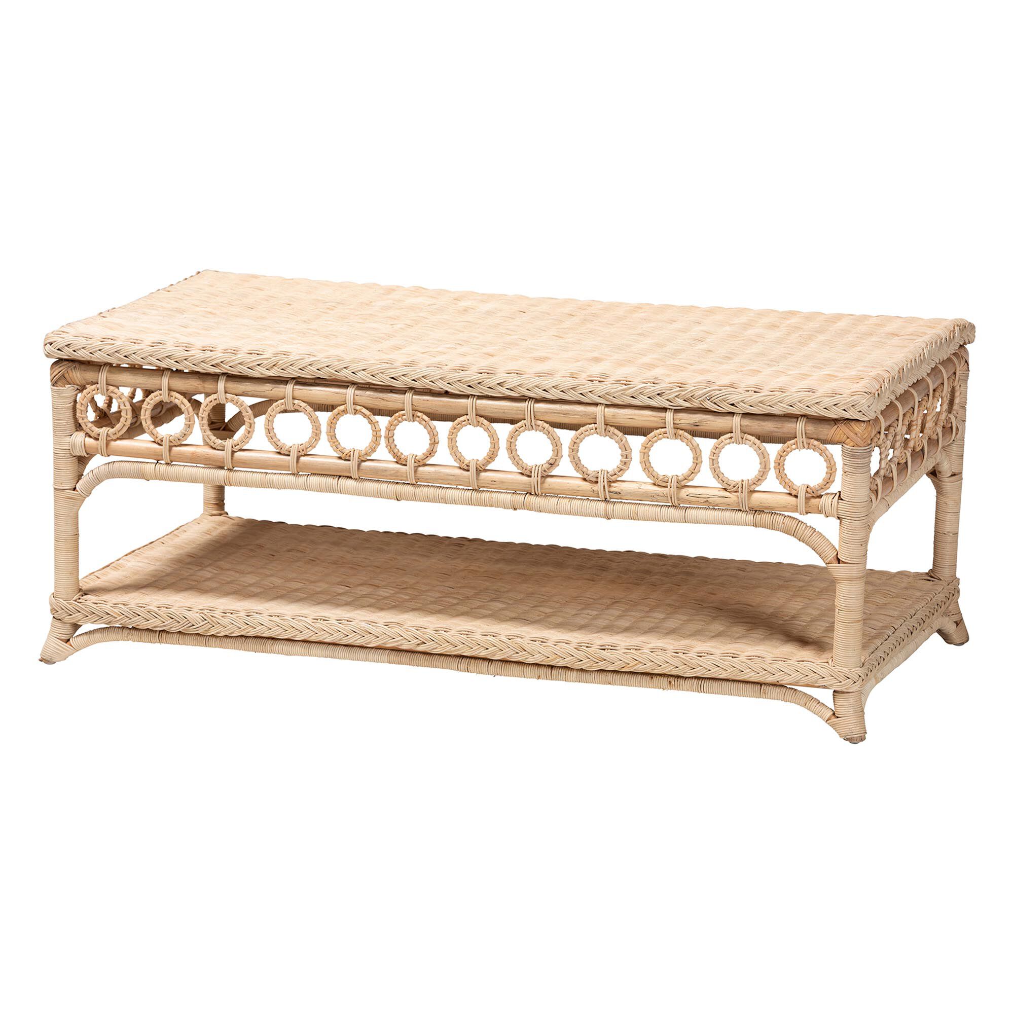 Oxford Natural Rattan coffee table with looped ring trim and lower shelf