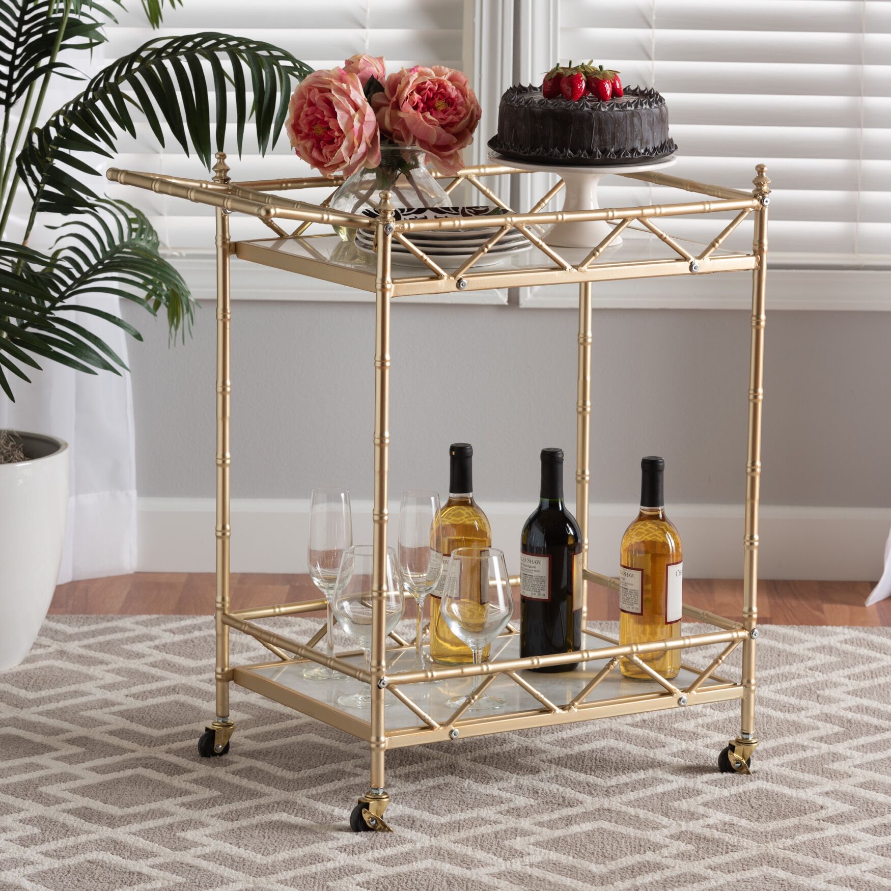 Mela Contemporary Glam And Luxe Gold Metal And White Marble 2-Tier Wine Cart, , alternate image number 5