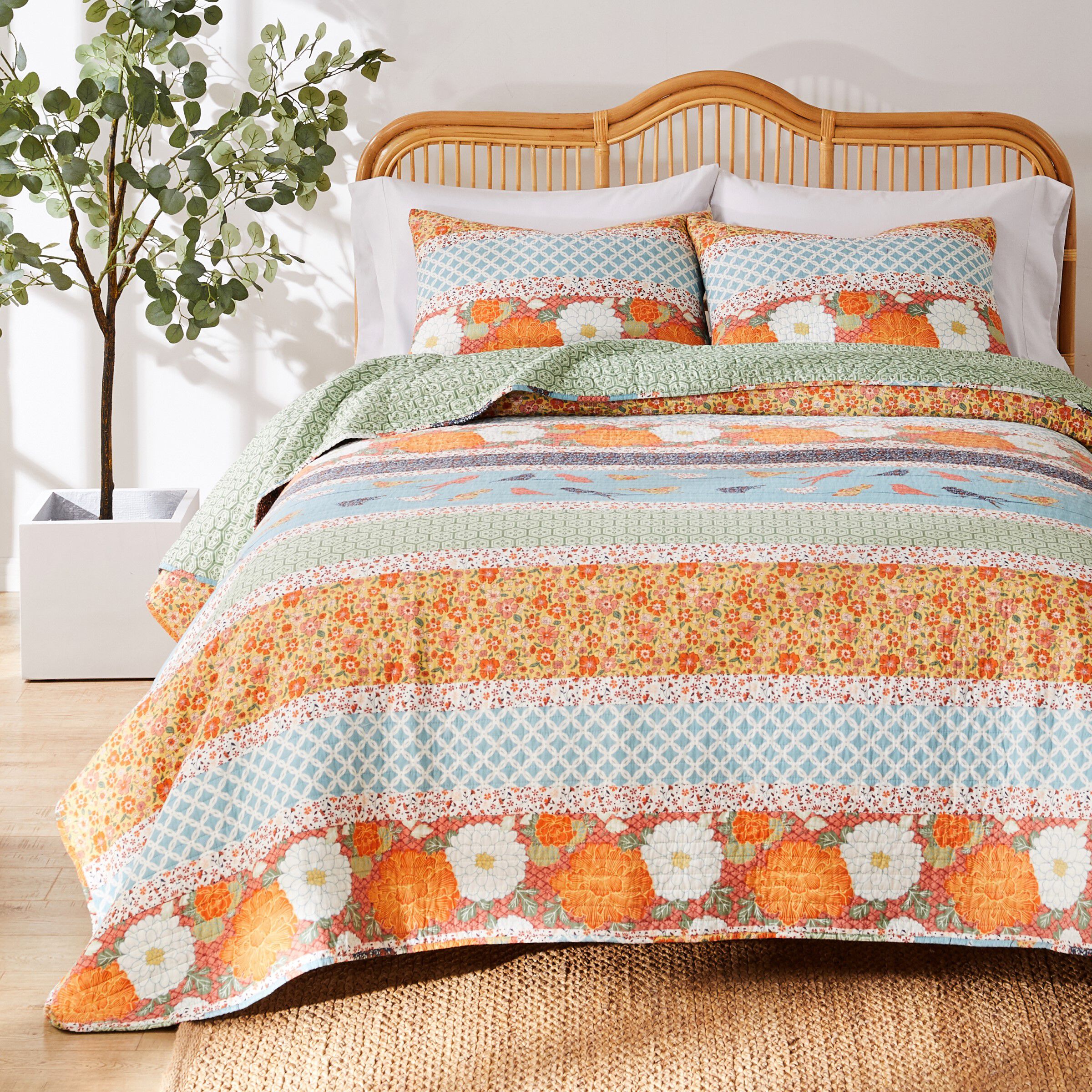 Carlie Calico Patchwork Cotton Quilt Set, CALICO STRIPE, alternate image number 2