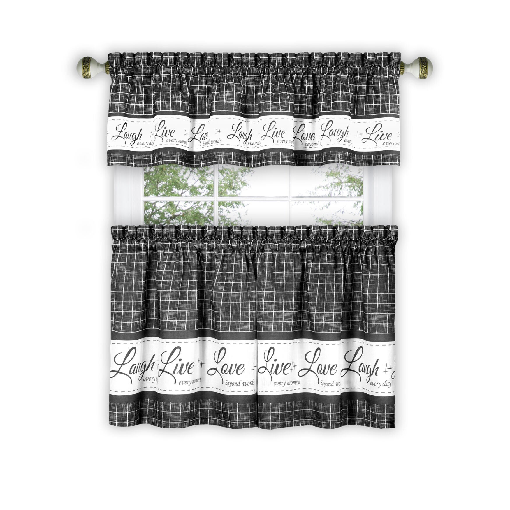 Live, Love, Laugh Window Curtain Tier Pair and Valance Set - 58x36, CHARCOAL, hi-res image number 0
