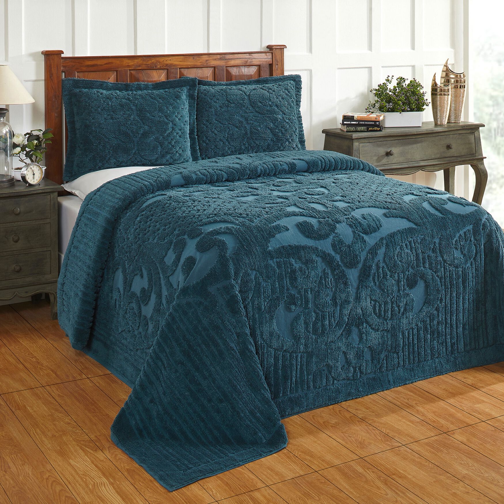 Ashton Collection Tufted Chenille Bedspread , TEAL, hi-res image number 0