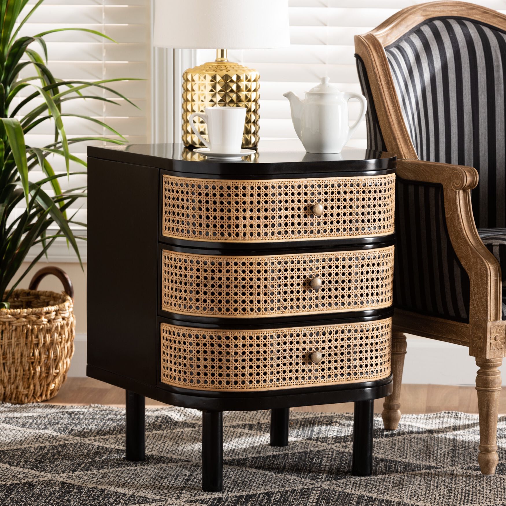 Nabila Modern Bohemian Black Bayur Wood And Natural Rattan 3-Drawer End Table Nightstand, , alternate image number 7