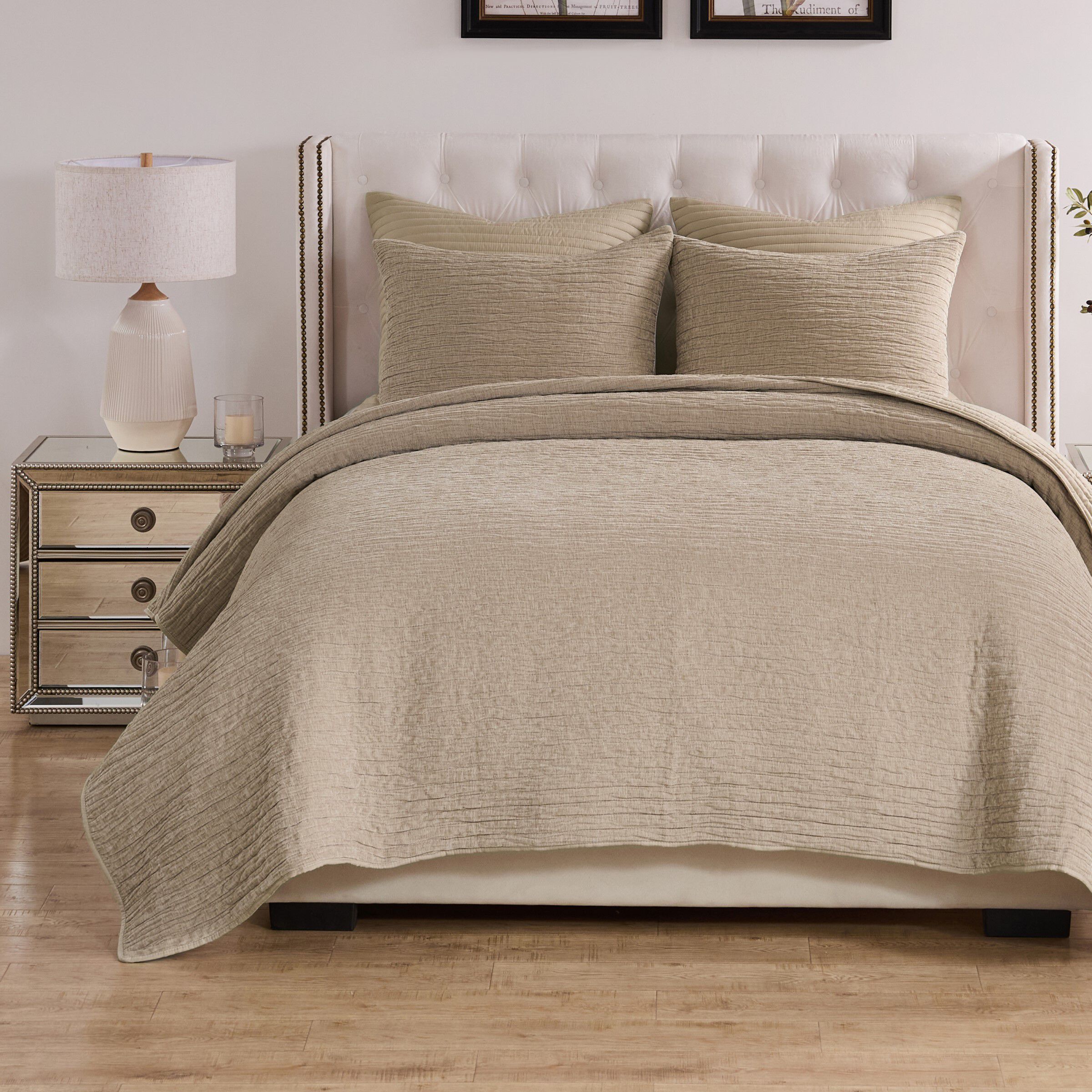 Velvet Crush Textured Finely Stitched Quilt Set, KHAKI, alternate image number 1