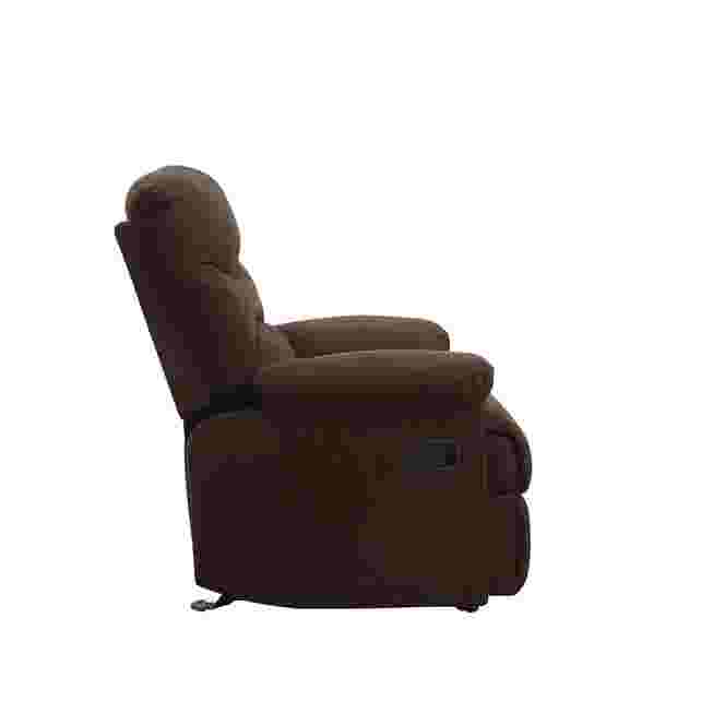 Dark brown motion glider recliner in reclined position, side view
