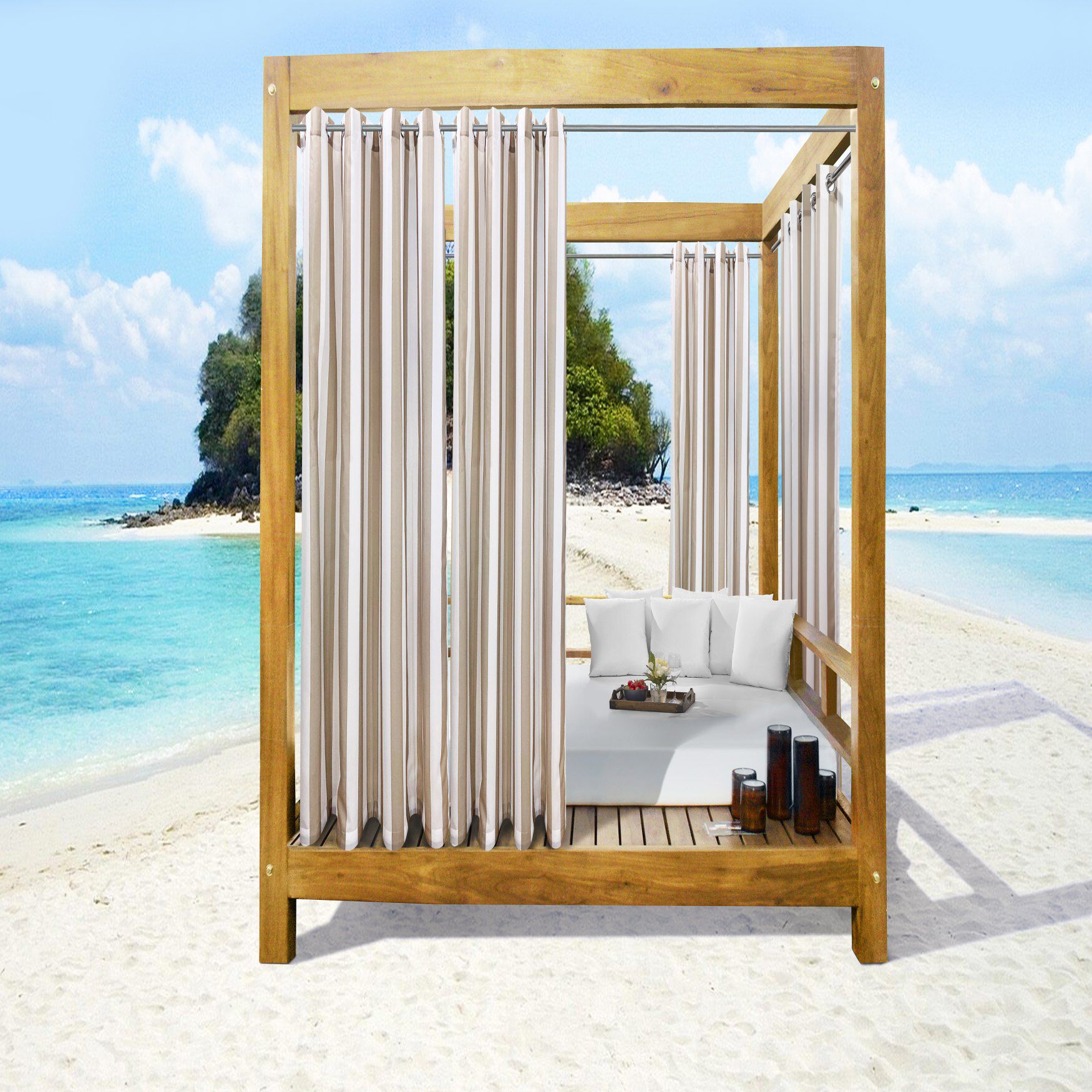 Outdoor Decor Seascapes Stripes Outdoor Grommet Curtain Panel Pair, LINEN, hi-res image number 0