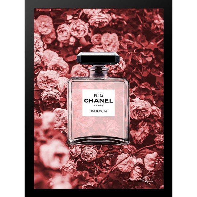 Chanel Bottle Floral Wallpaper Dark Pink 14 inches x 18 inches Framed Print, RED BLACK, hi-res image number 0