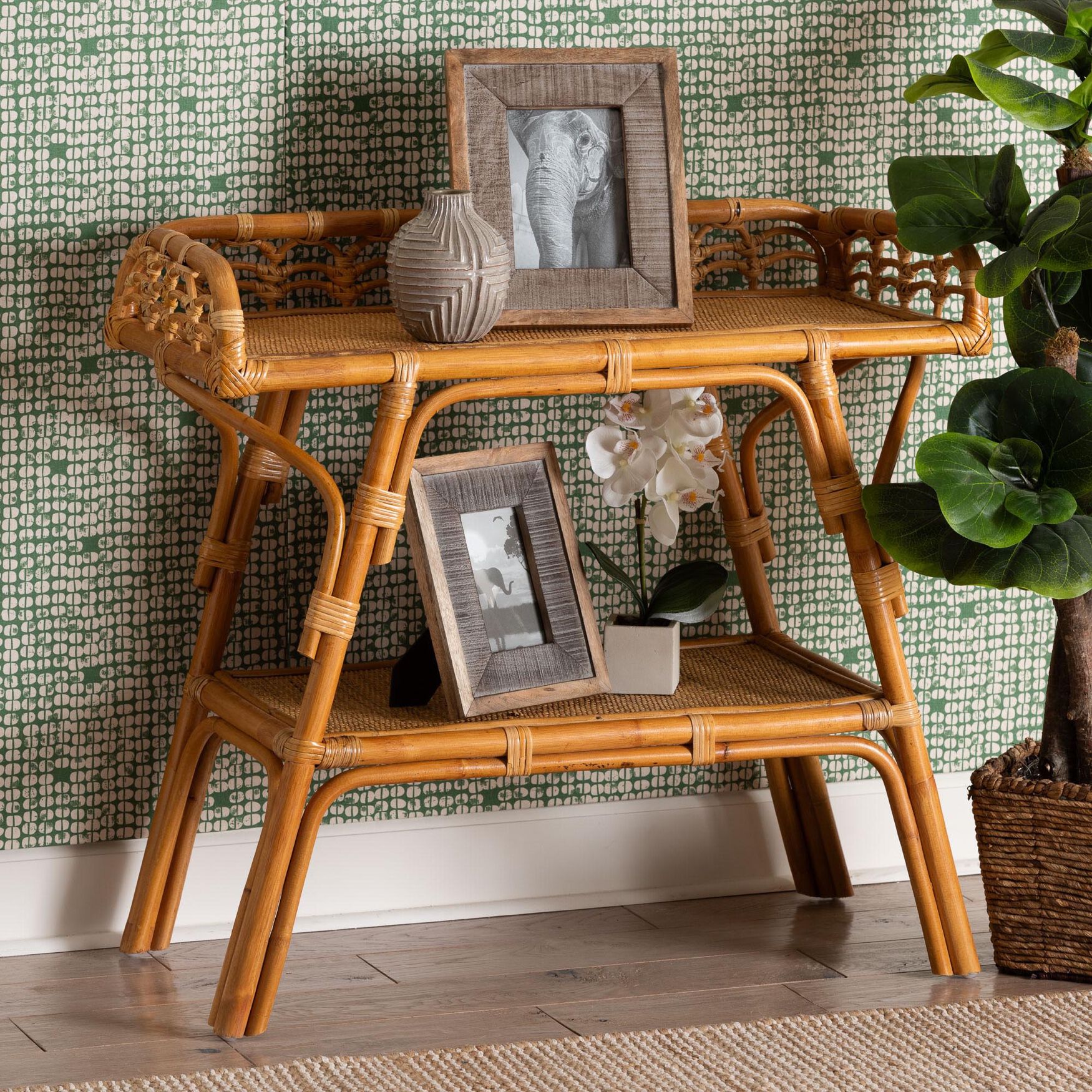 Nayana Modern Bohemian Natural Rattan 2-Tier Console Table, , alternate image number 13