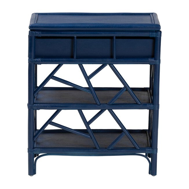 Blue nightstand with drawer and crisscross open shelves
