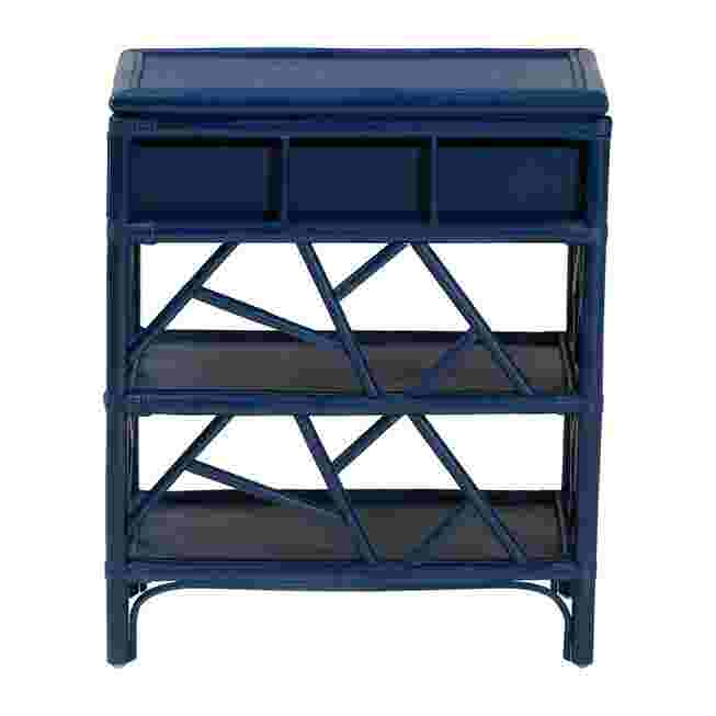 White rattan nightstand front view showing two open shelves