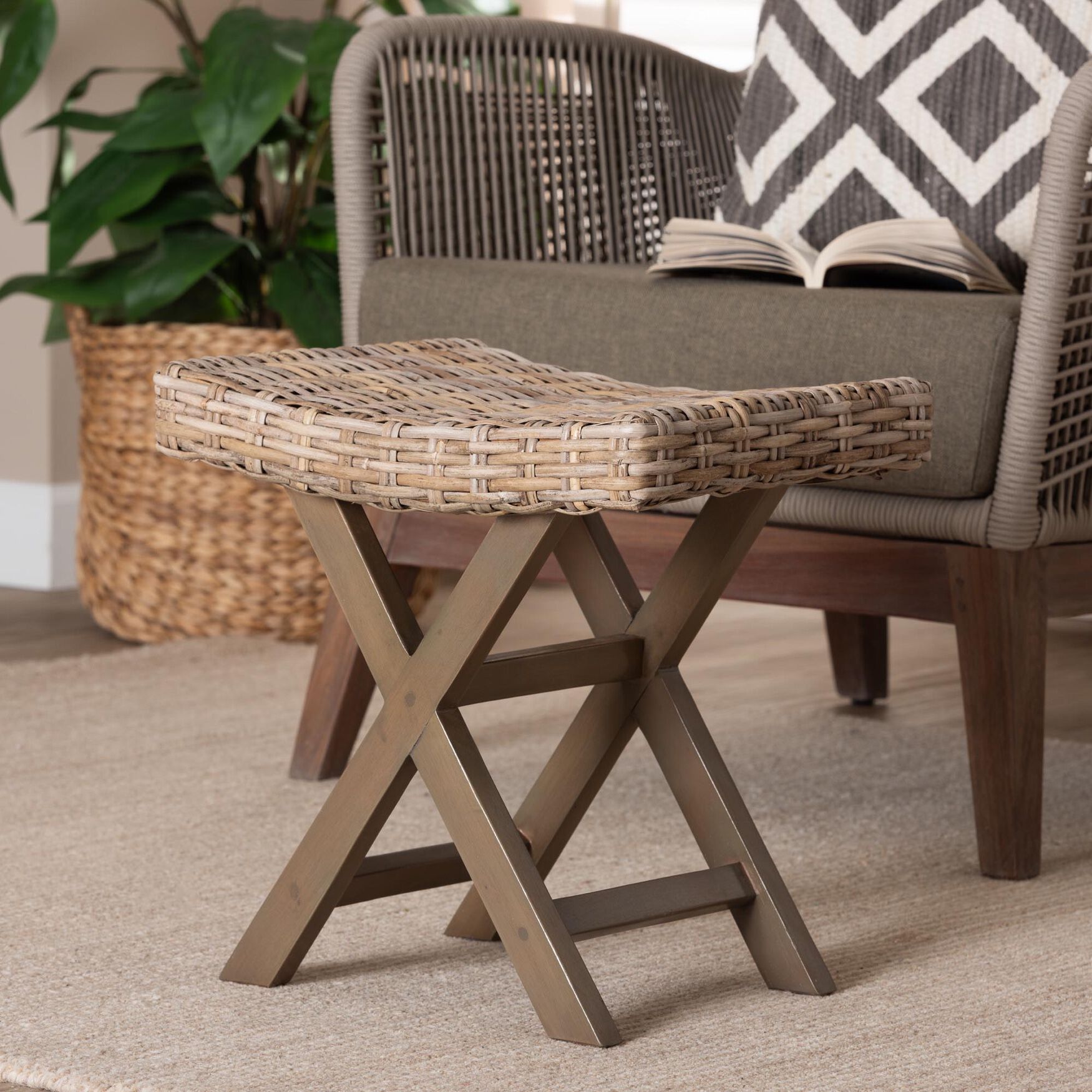 Hayate Bohemian Grey Kubu Rattan And Mahogany Wood Ottoman Footstool, , alternate image number 4