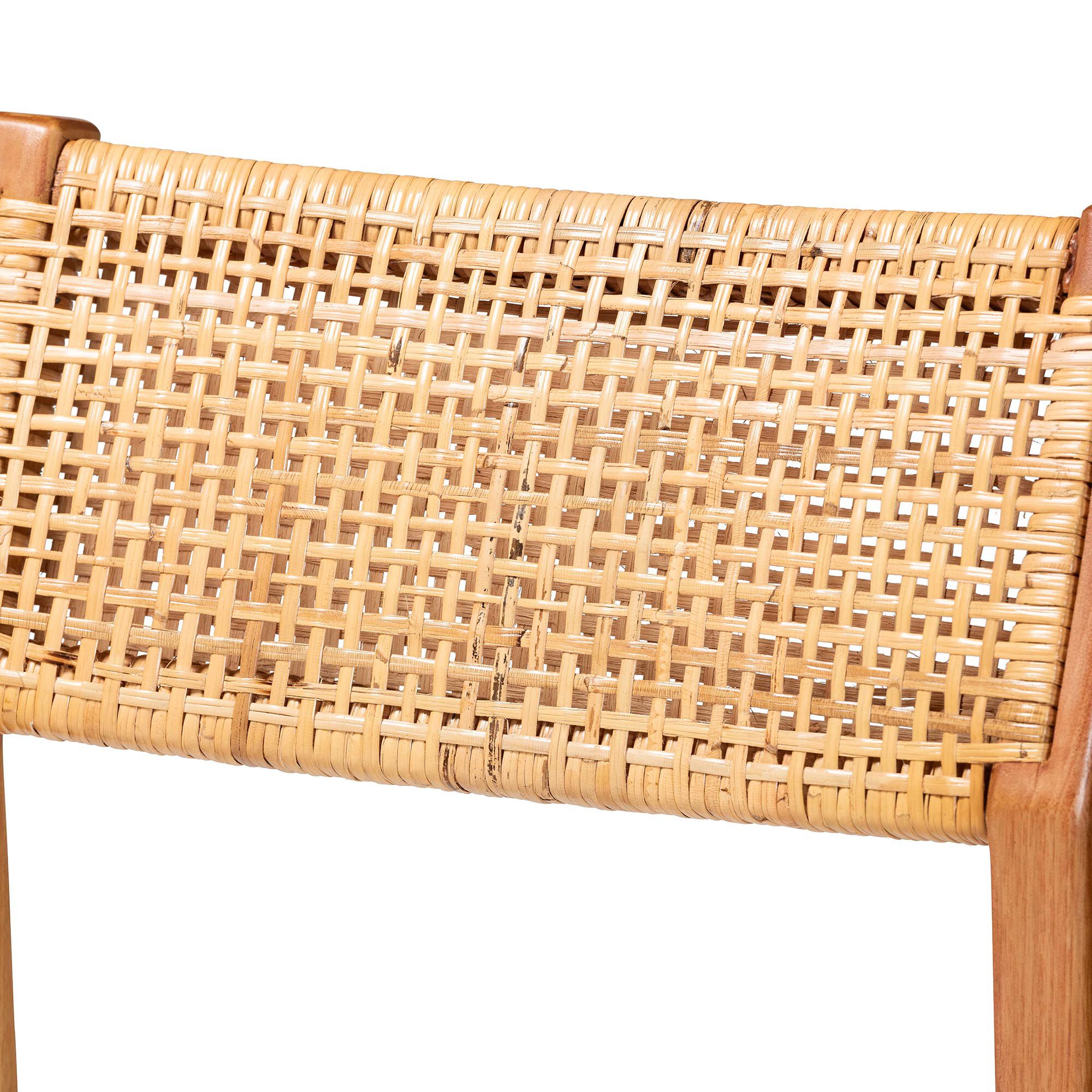 Close-up of woven cane back of a bar stool
