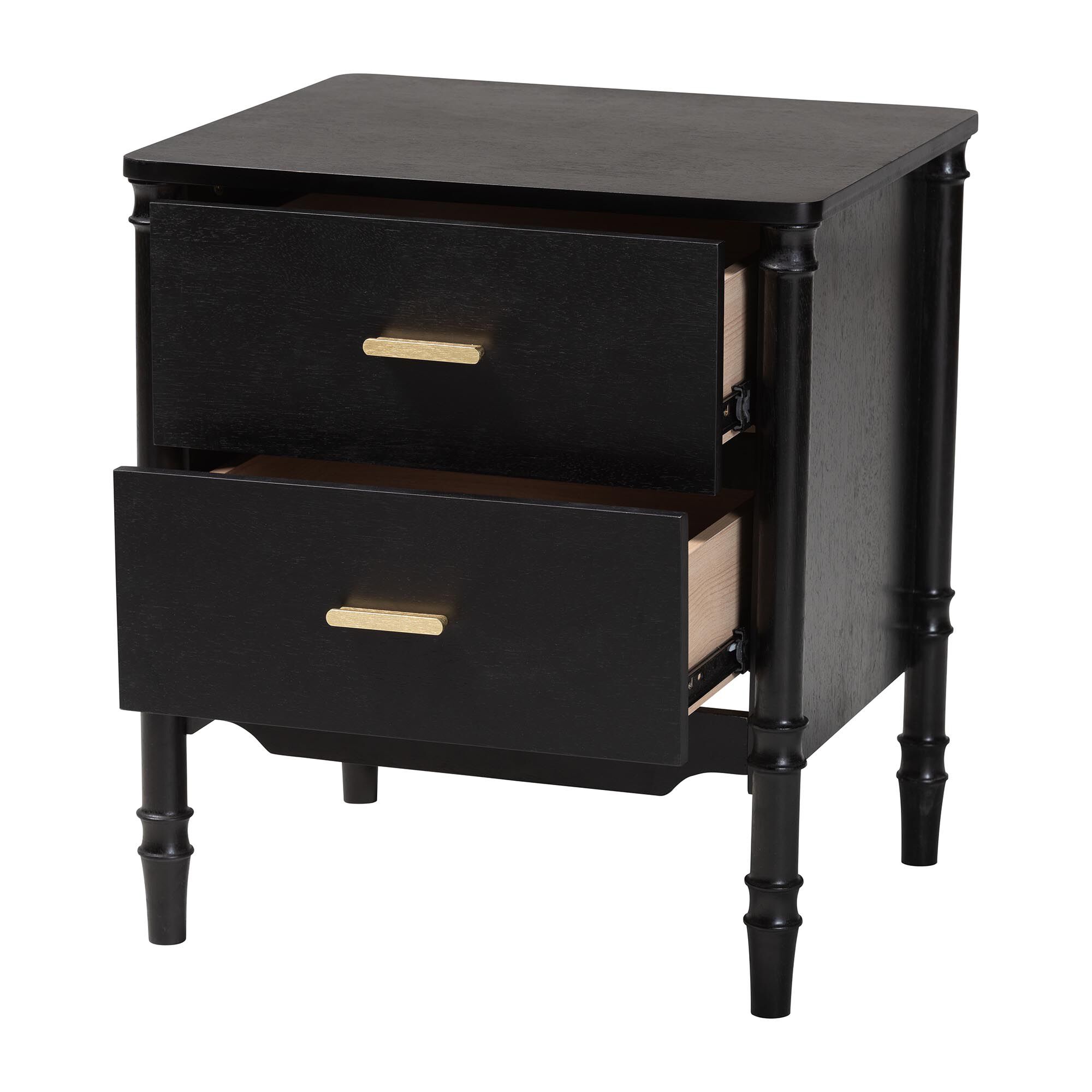 Marisela nightstand side view in black with two drawers and gold pulls