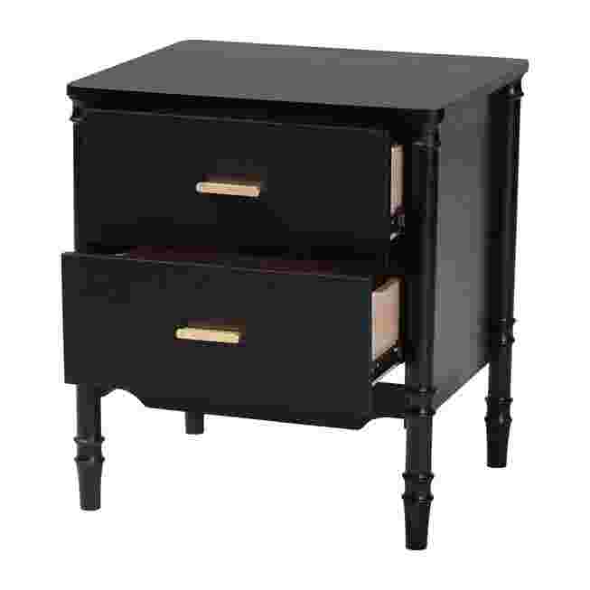 Marisela nightstand side view in black with two drawers and gold pulls
