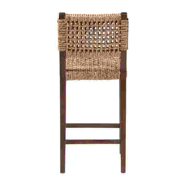 Front view of seagrass bar stool with woven back and wooden legs