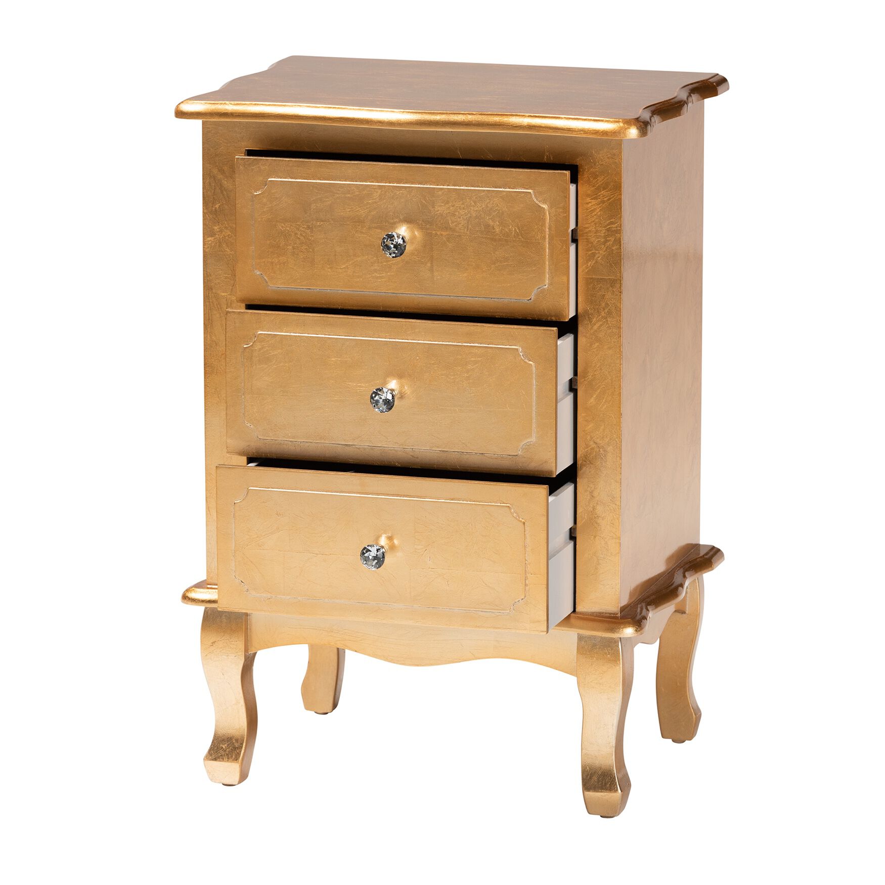 Three-drawer nightstand in warm gold tone