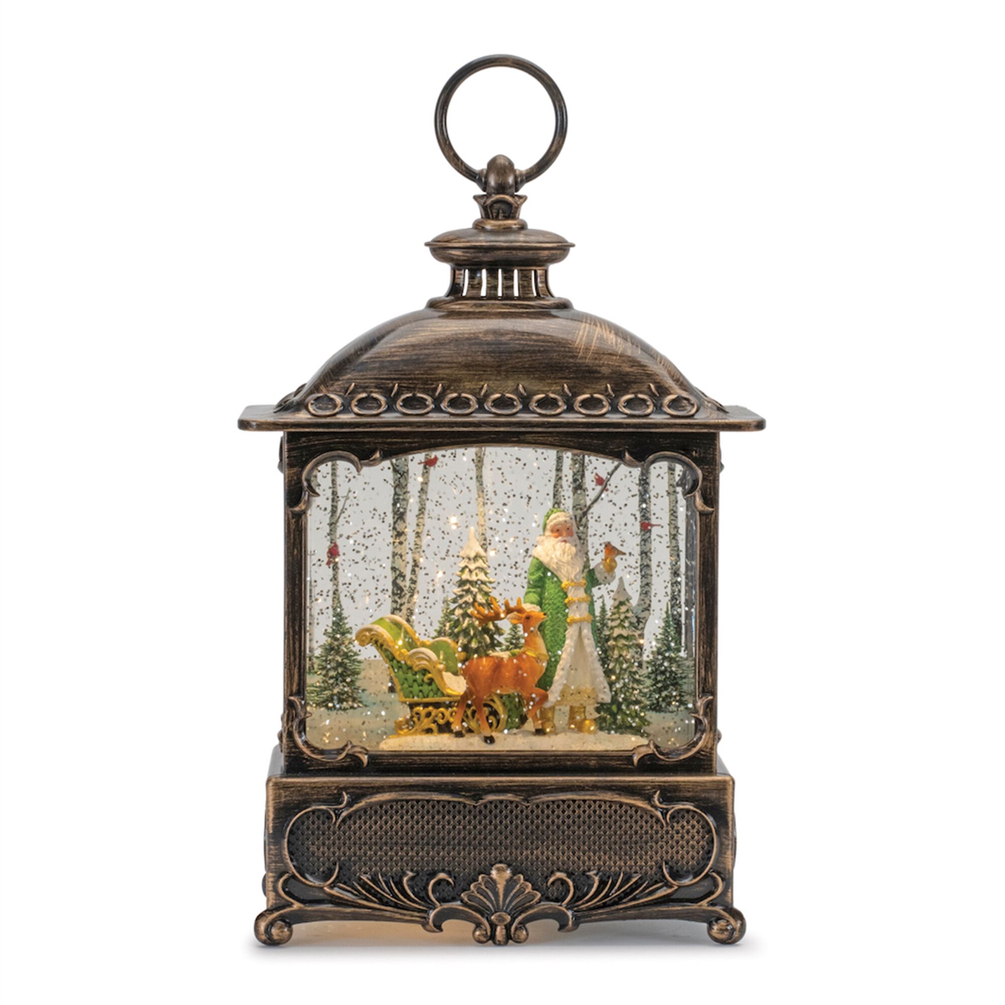 LED Snow Globe Lantern with Santa and Woodland Animals 10.5 inchesH, BRONZE GREEN, hi-res image number 0