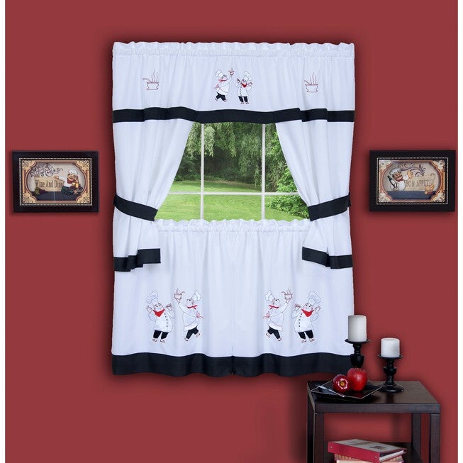 Gourmet Embellished Cottage Window Curtain Set, BLACK, hi-res image number 0