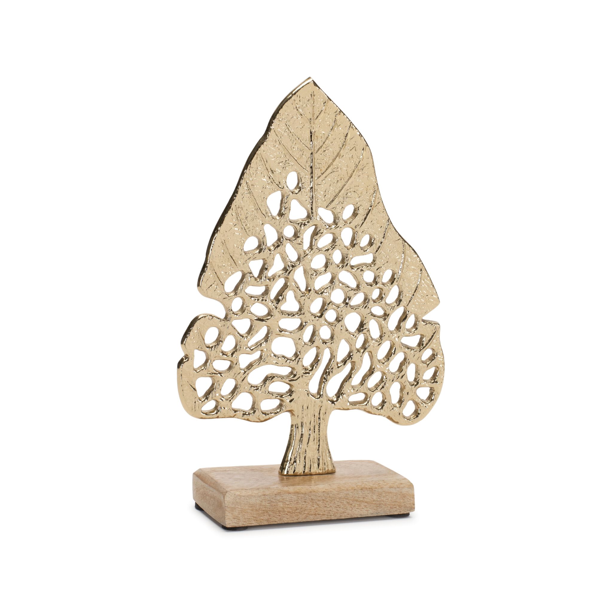 Modern Metal Leaf Tree on Wood Base (Set of 2), GOLD, alternate image number 2