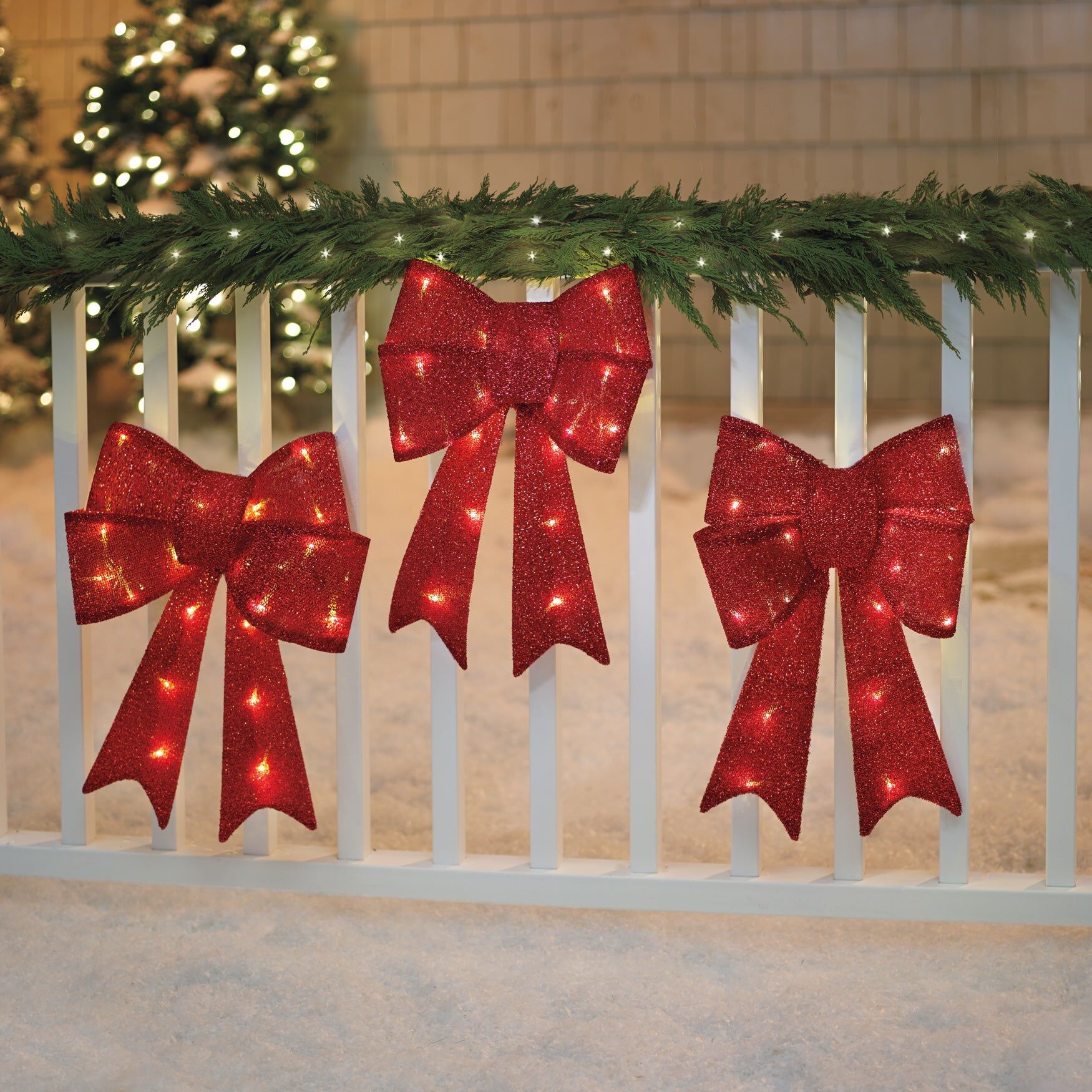 Pre-Lit Tinsel Bows, Set of 3