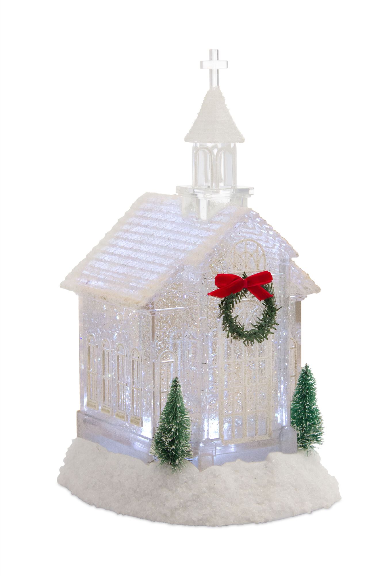 LED Church Snow Globe with Pine Accents 10.5 inchesH, WHITE RED, hi-res image number 0