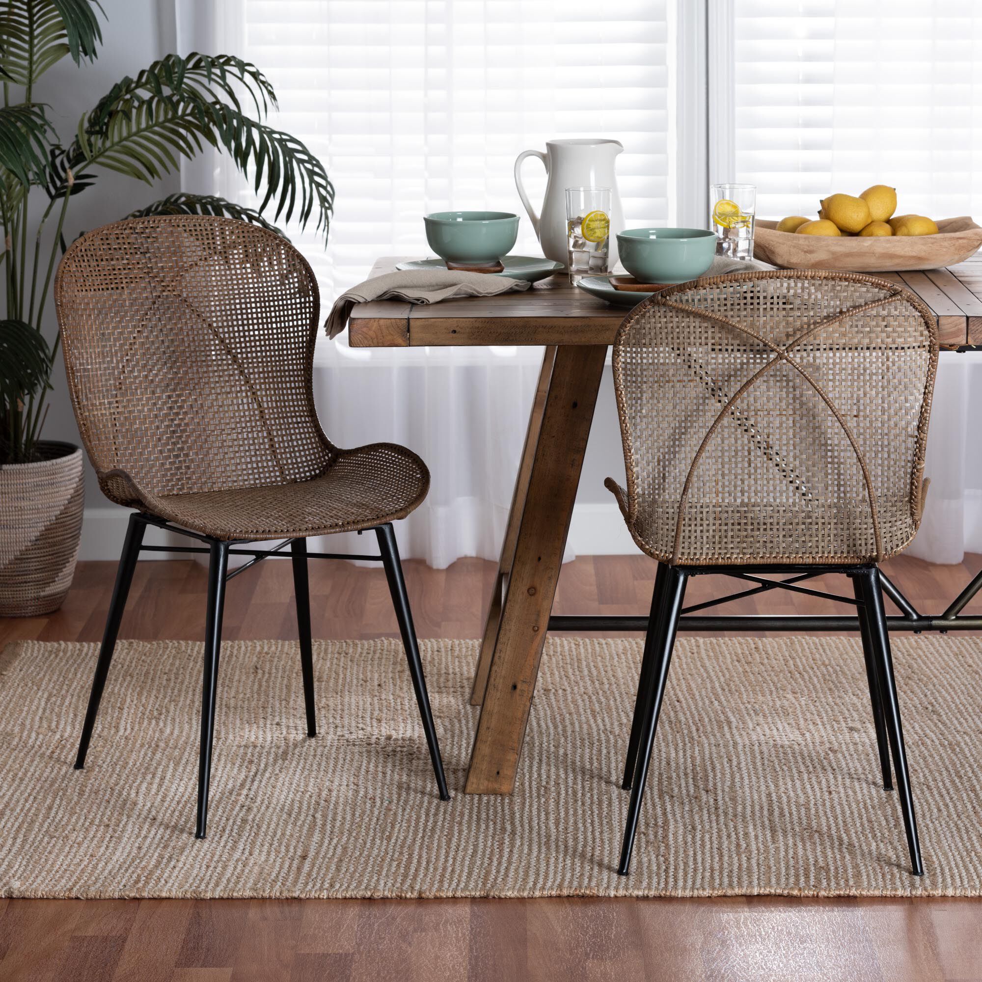 Sabelle Japandi Greywashed Rattan and Black Metal 2-Piece Dining Chair Set, BLACK, hi-res image number 0