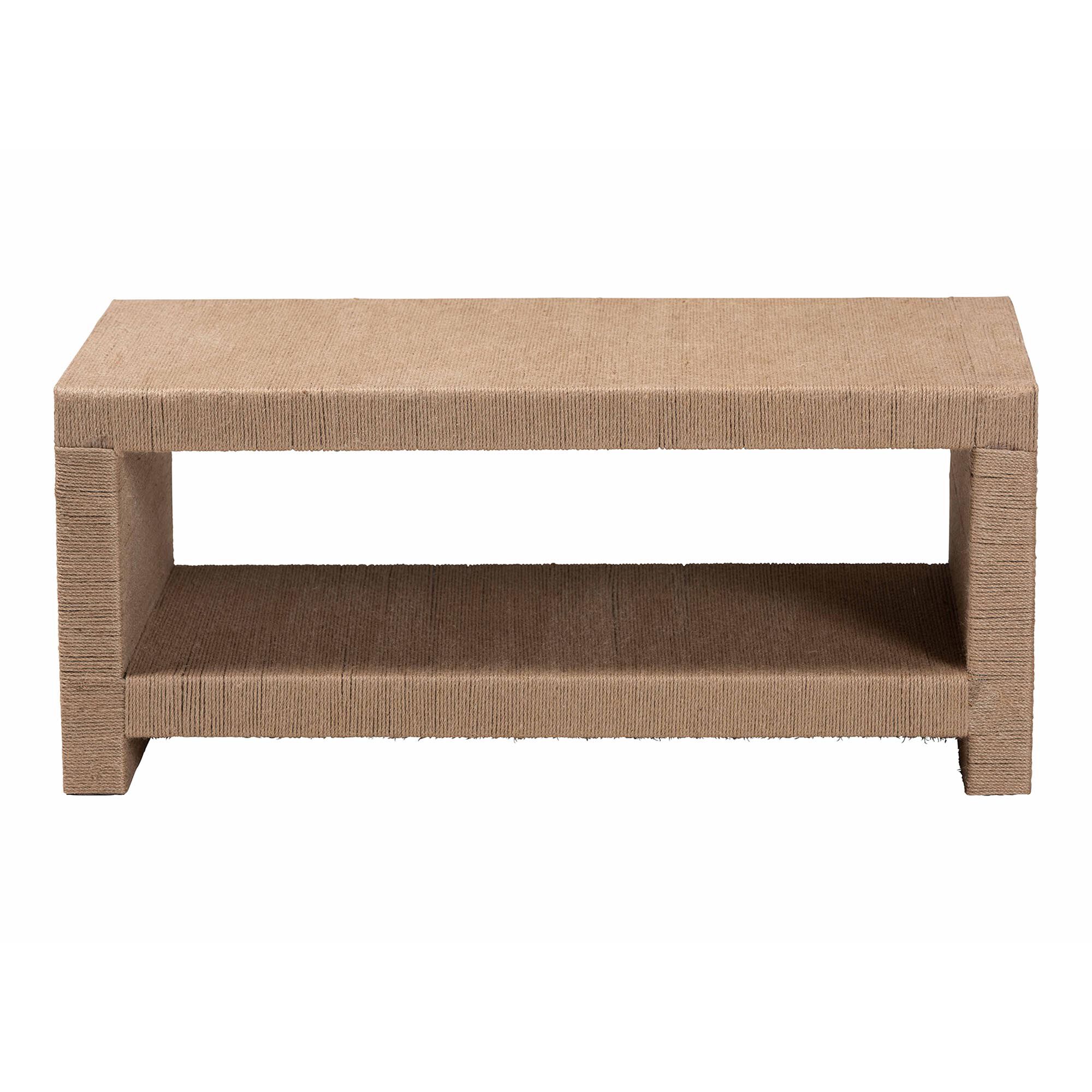 Rectangular handwoven jute coffee table open shelf front view