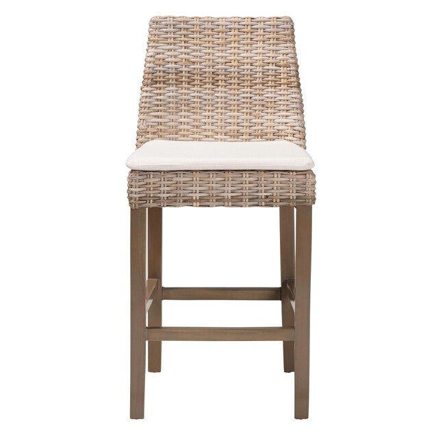 Toby Modern Bohemian Grey Kubu Rattan And Rustic Taupe Finished Mahogany Wood Counter Stool, , on-hover image number 1