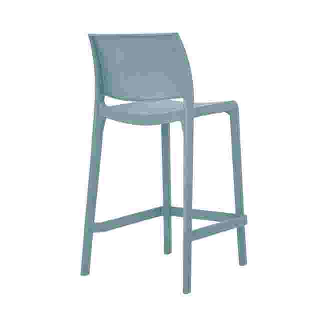 Outdoor stackable counter stool with blue-gray seat and light green legs, side view