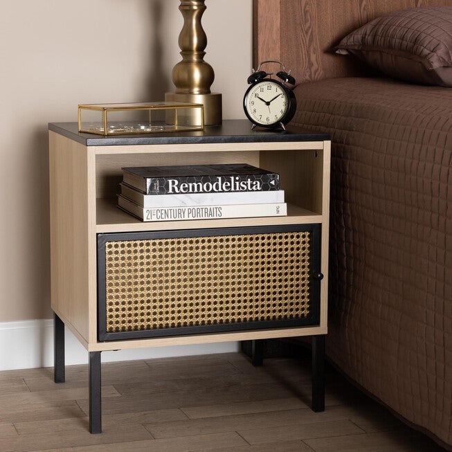Felton Mid-Century Modern Two-Tone Black And Gold Metal And Light Brown Finished Wood 1-Door End Table, , alternate image number 7