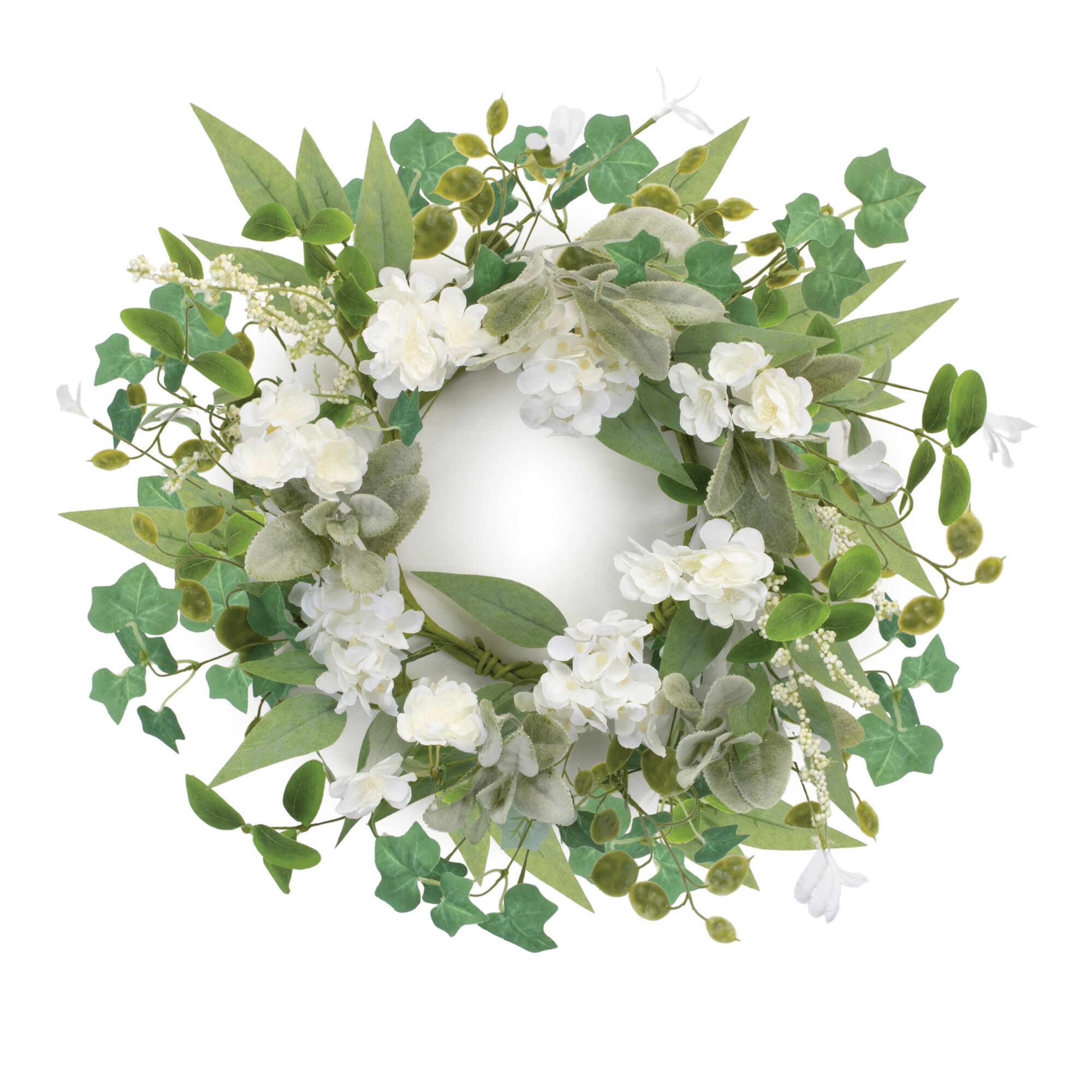 Mixed Floral and Foliage Candle Ring 17.5 inchesD, GREEN/WHITE, alternate image number 1