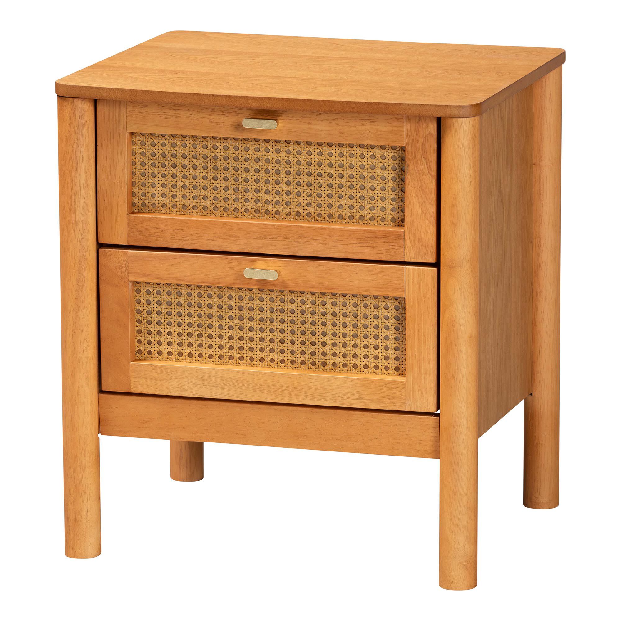 Jenn Golden Brown Wood Japandi 2-Drawer Nightstand with Distressed-Finished Rattan, BROWN, alternate image number 1