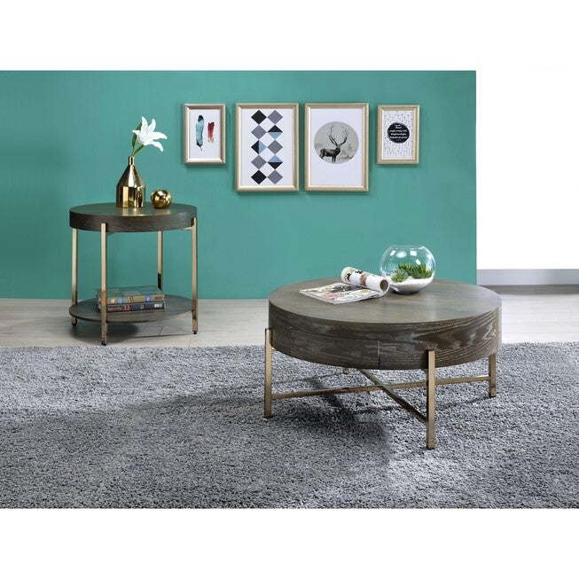 Round dark wood-look coffee table in living room setting