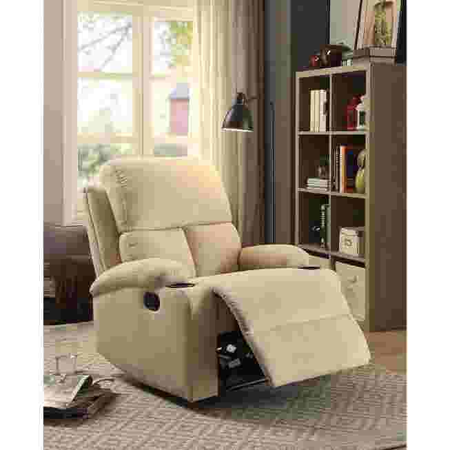 Beige recliner with leg rest extended in room