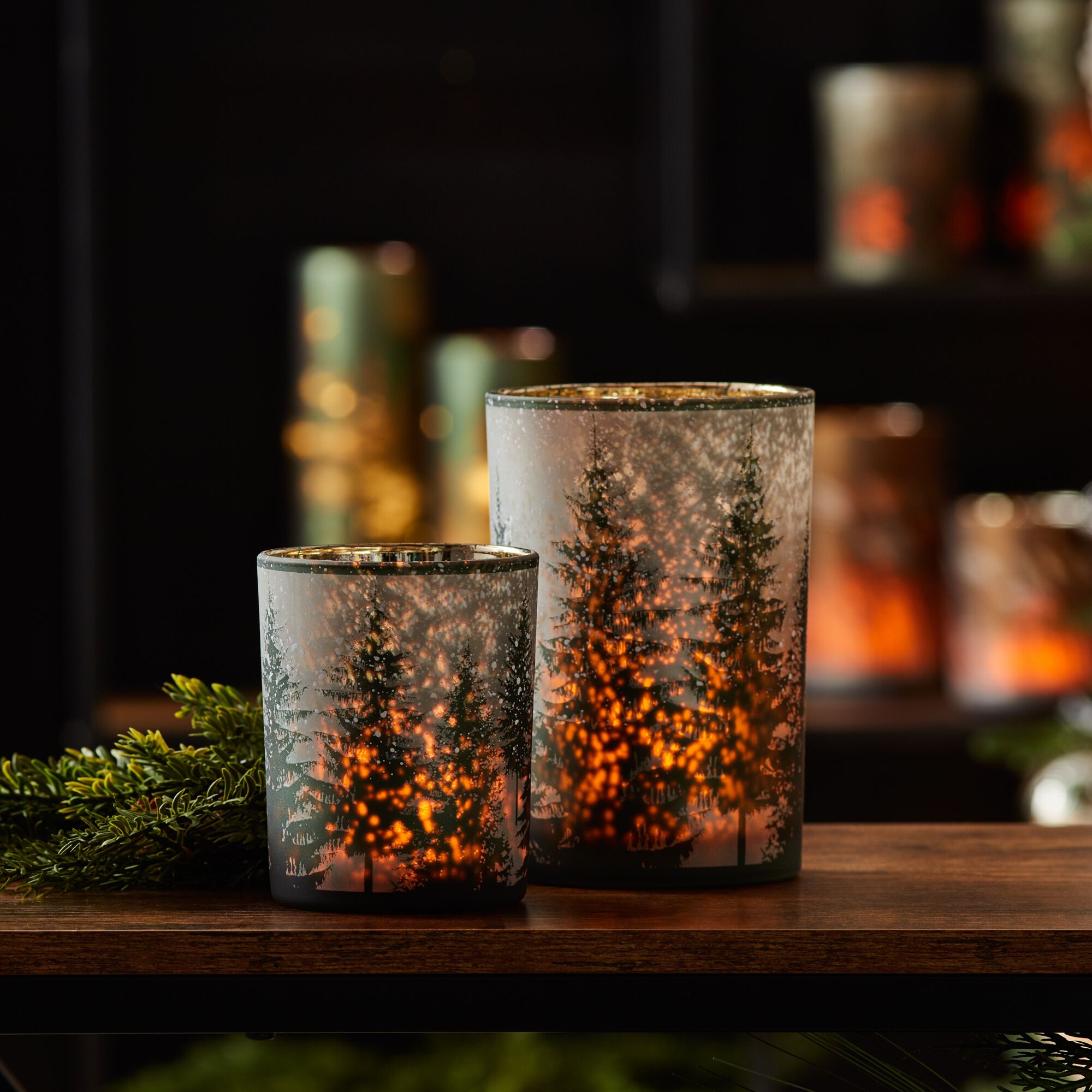 Frosted Pine Mercury Glass Candle Holder (Set of 2), GREEN GREY GOLD, alternate image number 3